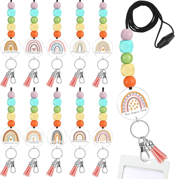 Roowest Graduation Gifts Teacher Lanyards for ID Badge Keys Colorful Rainbow Beaded Badge Lanyard for Women's Day Secretary Employee Appreciation