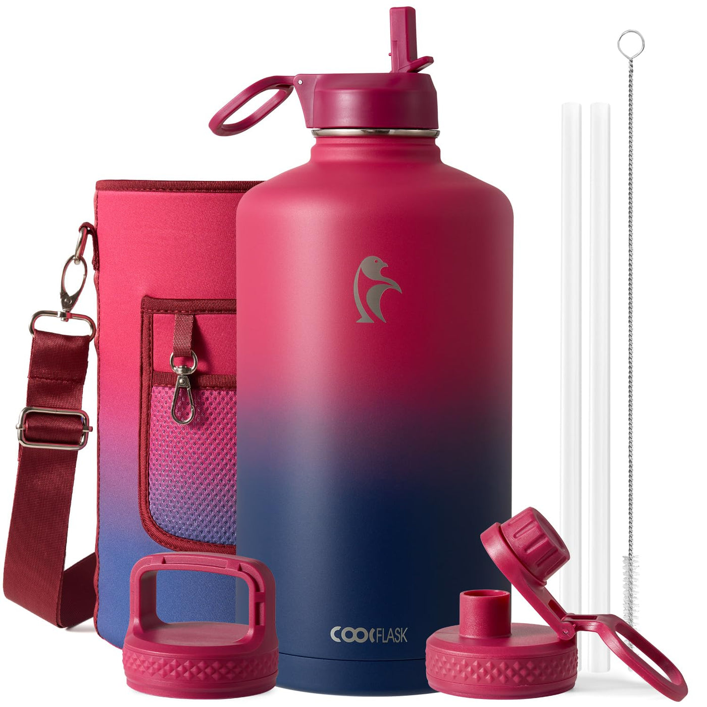 Water Bottle 40 oz Insulated with Straw&Brush, Coolflask Vaccum Stainless Steel Metal 3 Lids Water Flask for Sports, Gym or Office, Keep Cold 48H Hot 24H, Magic Black