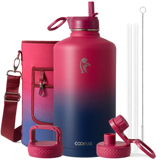Water Bottle 40 oz Insulated with Straw&Brush, Coolflask Vaccum Stainless Steel Metal 3 Lids Water Flask for Sports, Gym or Office, Keep Cold 48H Hot 24H, Magic Black