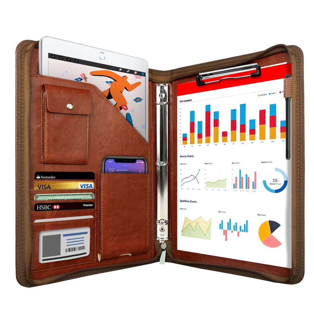 Zippered Padfolio Organizer, WRIYES Leather Planner Binder, 10.2 Inch Portfolio Folder for Documents, Letter Size Business Card Holder for Men&Women (Brown)