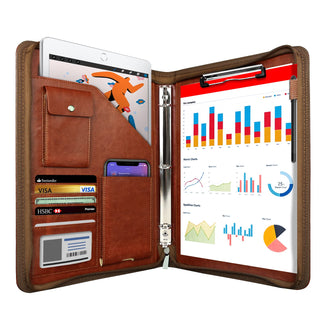 Zippered Padfolio Organizer, WRIYES Leather Planner Binder, 10.2 Inch Portfolio Folder for Documents, Letter Size Business Card Holder for Men&Women (Brown)