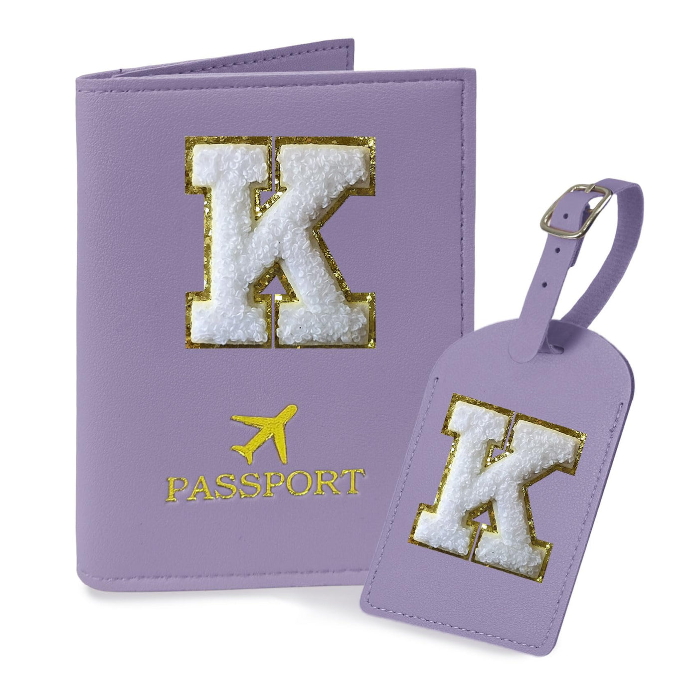 COSHAYSOO Purple Passport Cover Holder and Initial Luggage Tag Set TSA Approved with Personalized Monogram Chenille Letter Patch for Women Teen Girls, Cute Travel Bag Suitcase Identifier (A)
