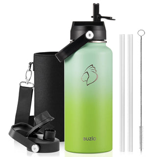 BUZIO 40oz Insulated Water Bottle, Triple Wall Vacuum Stainless Steel Water Flask with 2 lids, Lead-Free BPA-Free Straw Lid Sports Canteen Jug, Cold 48H & Hot 24H- Black