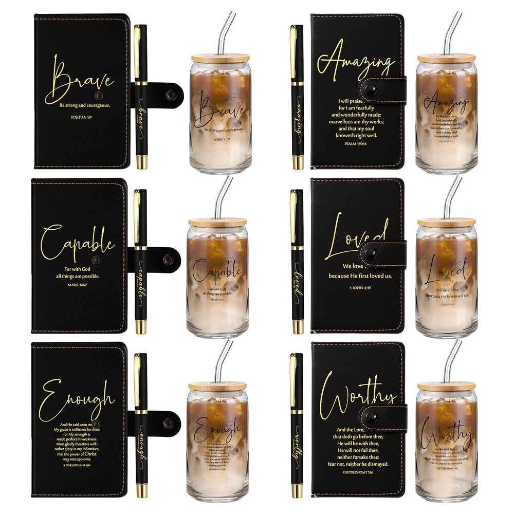 AmazingSpark 18 Pcs Fathers Day Christian Gift Bulk for Men Women 16 Oz Glass Cups with Lid Straw Bible Notebook Leather Prayer Journal with Pen Religious Gift for Church Member (Bible Words,Brown)