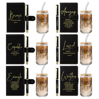 AmazingSpark 18 Pcs Fathers Day Christian Gift Bulk for Men Women 16 Oz Glass Cups with Lid Straw Bible Notebook Leather Prayer Journal with Pen Religious Gift for Church Member (Bible Words,Brown)