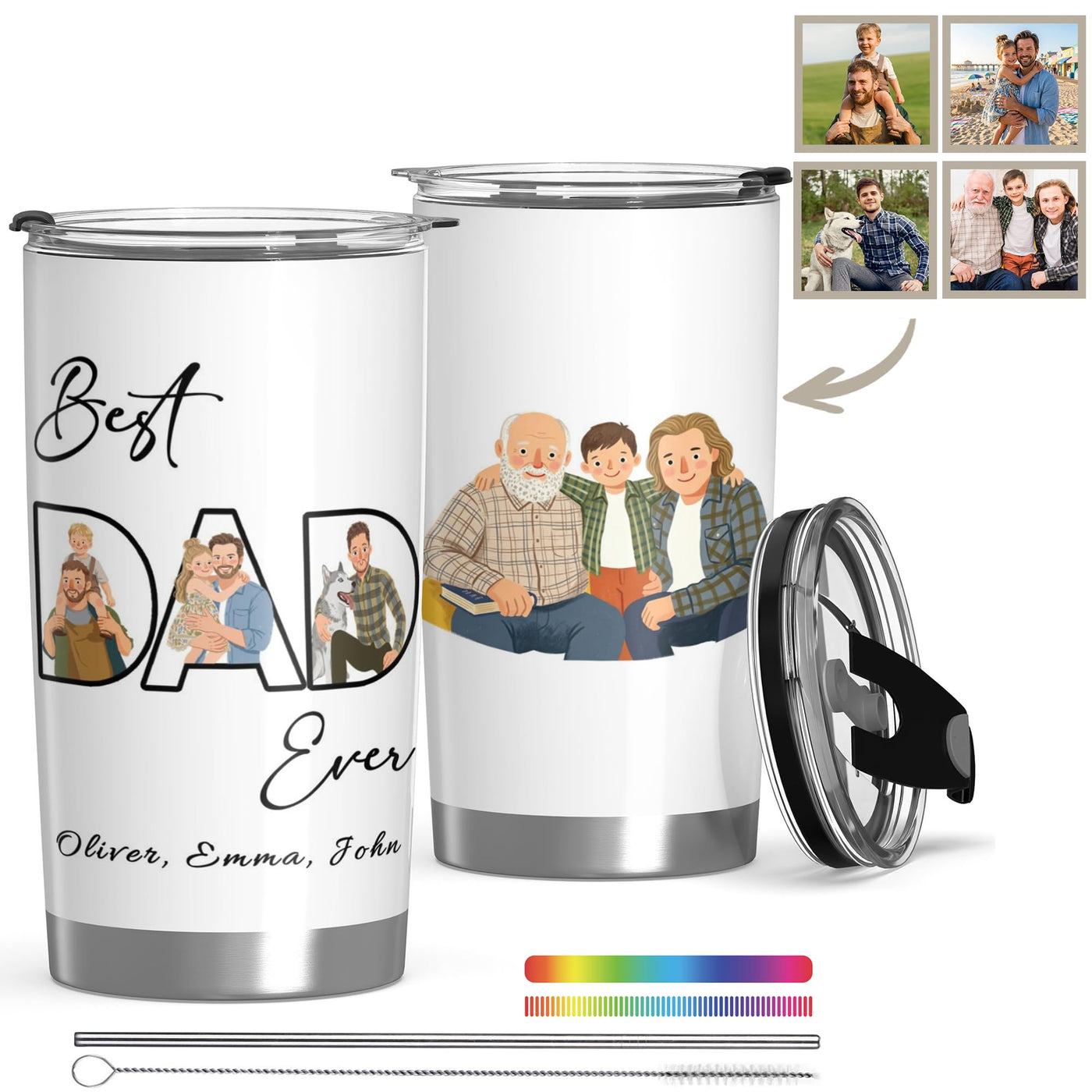 Personalized Tumbler with Photo Text Logo, Made in USA 20 oz Custom Stainless Steel Coffee Mug with Lid, Custom Cup Gift for Dad, Mom, Friends, gift for father's day