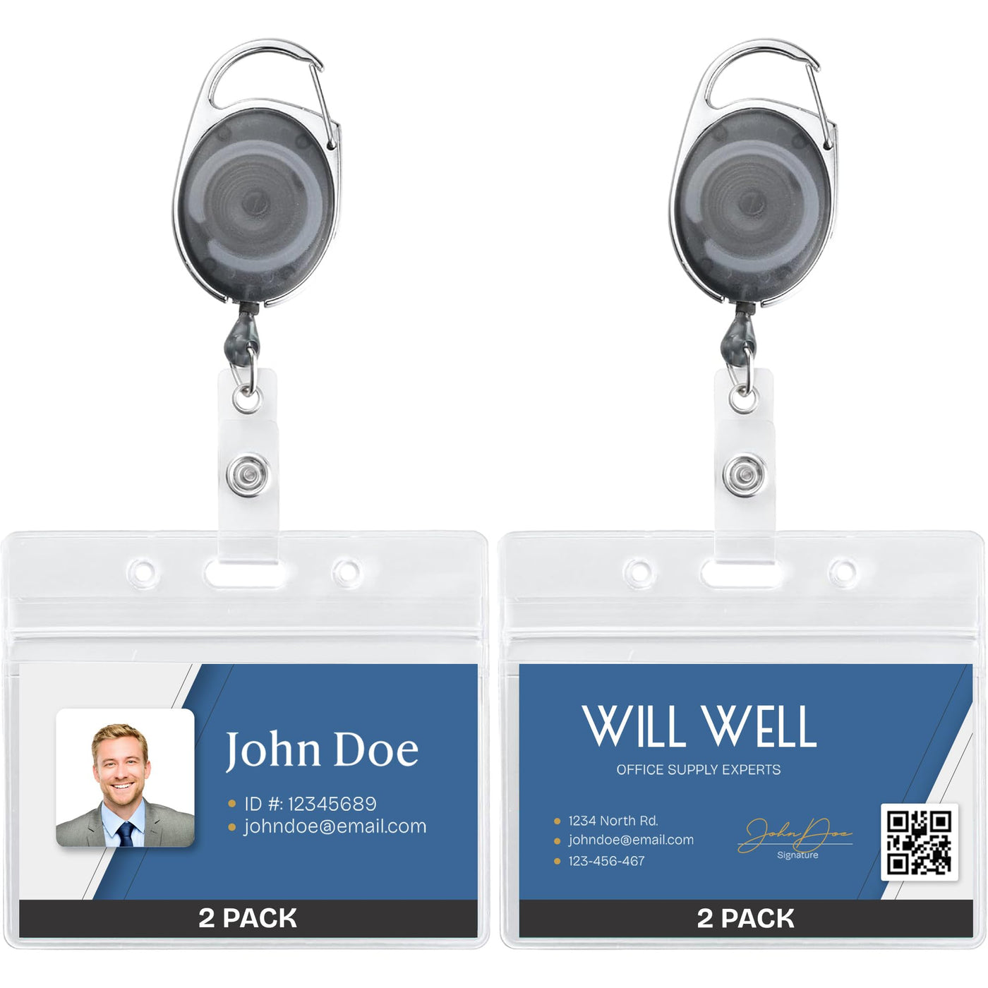 Will Well ID Badge Holders with Clip and Keyring - Vertical Clear Plastic 2.52" x 3.58" Sleeves Fit Up to 3 Cards - Retractable 24" UHMWPE Fiber Pull Cords for Easy Access - 2-Pack, Black Reels