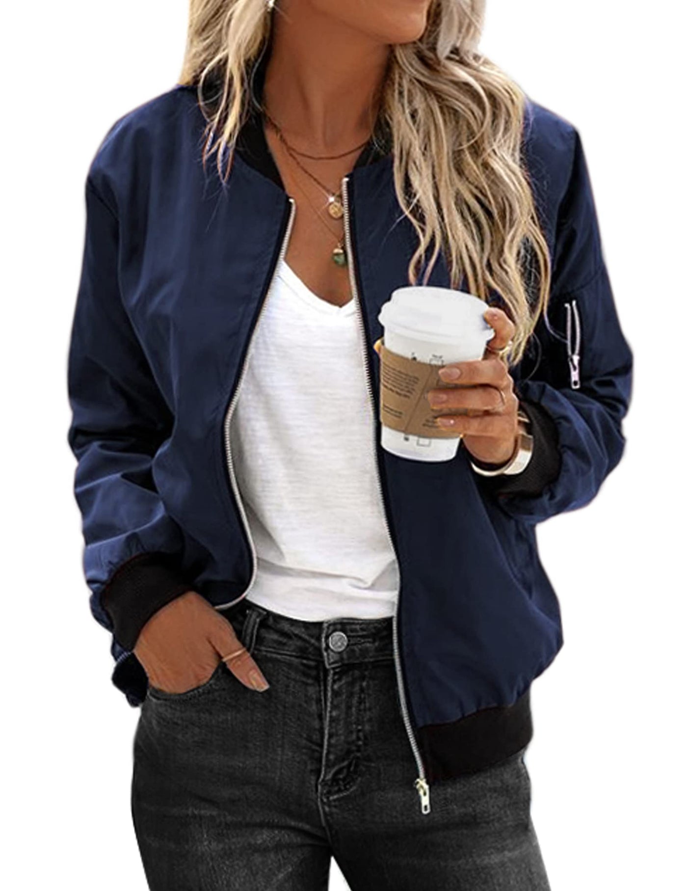 Zeagoo Women's Bomber Jacket Casual Coat Zip Up Spring Fall Clothes with Pockets S-XXL