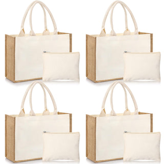 Sweetude 4 Set Jute Burlap Tote Bag with Canvas Makeup Pouch Reusable DIY Craft Blank Gift Bags for Wedding Bridesmaid(Simple,Black)