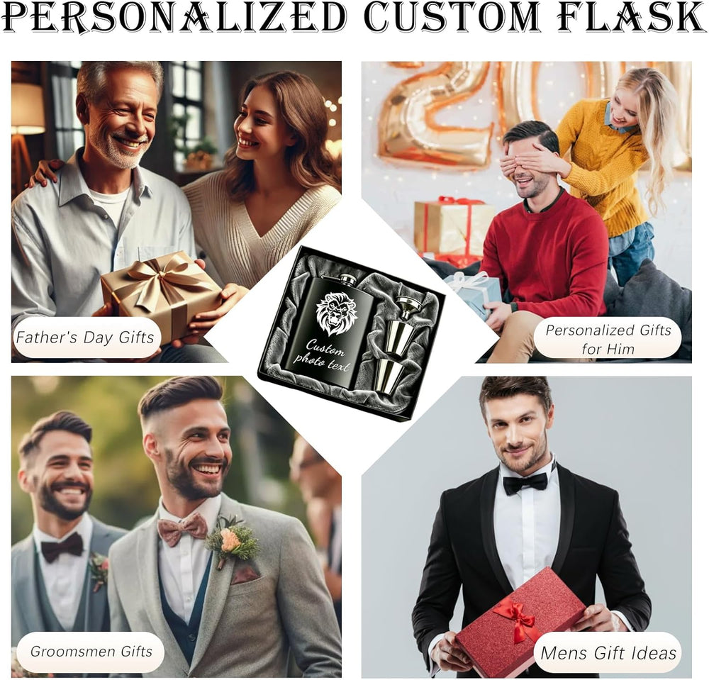 Personalized Custom Flask for Men, 8oz Engraved Stainless Steel Hip Flask with Photo & Text, Customized Liquor Flask for Dad, Husband, Groomsmen (custom flask 2)