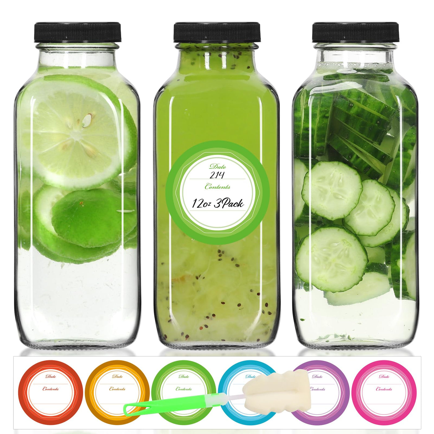STARSIDE 8 oz 3 Pack Glass Juice Bottles with Lids - Square Reusable Drinking Jars for Juicing, Milk, Kombucha - Includes 1 Bottle Brush, 6 Colored Labels