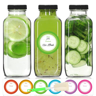 STARSIDE 8 oz 3 Pack Glass Juice Bottles with Lids - Square Reusable Drinking Jars for Juicing, Milk, Kombucha - Includes 1 Bottle Brush, 6 Colored Labels