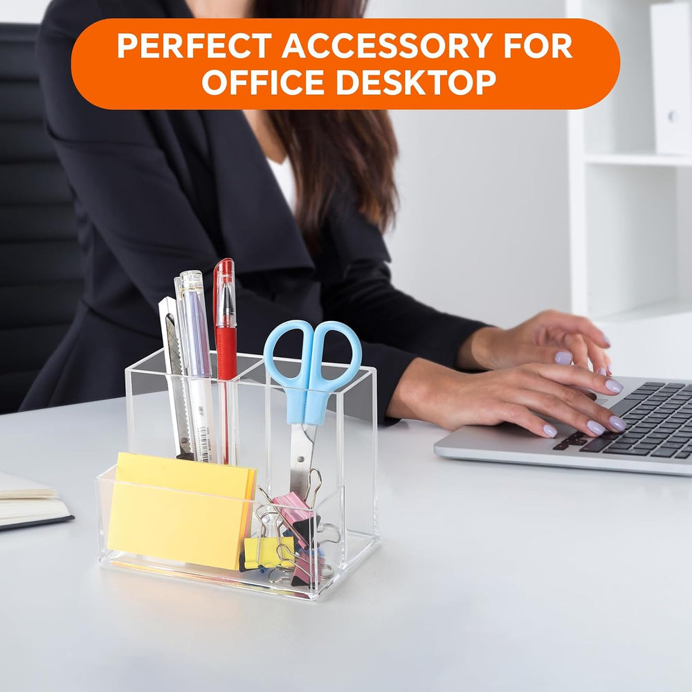 Pen Holder for Desk, Clear Acrylic Pencil Holder for Desk, Marker Holder with 3 Compartments, Pencil Organizer for Home, Office, Classroom, Bathroom | for Desk