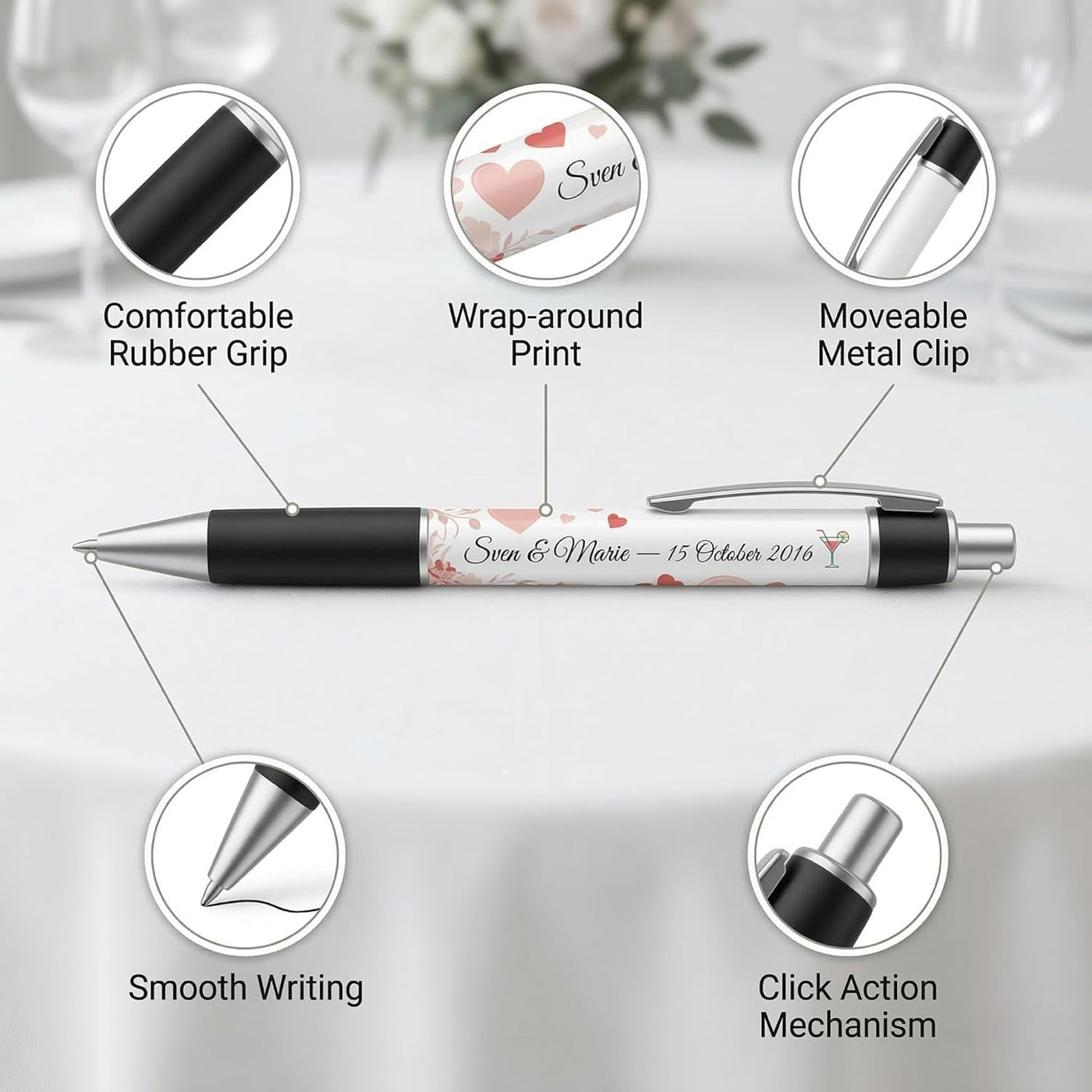 Personalized Ballpoint Pens, Customizable Writing Pens with Photo, Name or Text, Black Ink, Rubber Grip, Retractable, White, for Desk Accessories, Gifts, Party Favors, School Supplies