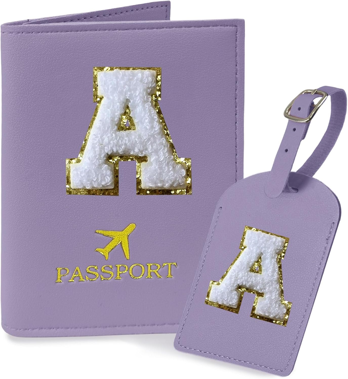 COSHAYSOO Purple Passport Cover Holder and Initial Luggage Tag Set TSA Approved with Personalized Monogram Chenille Letter Patch for Women Teen Girls, Cute Travel Bag Suitcase Identifier (A)