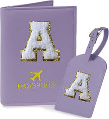 COSHAYSOO Purple Passport Cover Holder and Initial Luggage Tag Set TSA Approved with Personalized Monogram Chenille Letter Patch for Women Teen Girls, Cute Travel Bag Suitcase Identifier (A)