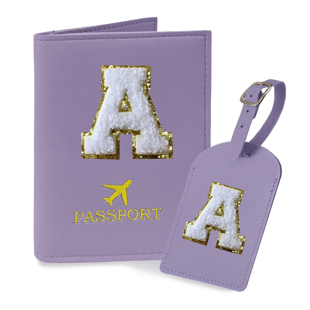 COSHAYSOO Purple Passport Cover Holder and Initial Luggage Tag Set TSA Approved with Personalized Monogram Chenille Letter Patch for Women Teen Girls, Cute Travel Bag Suitcase Identifier (A)