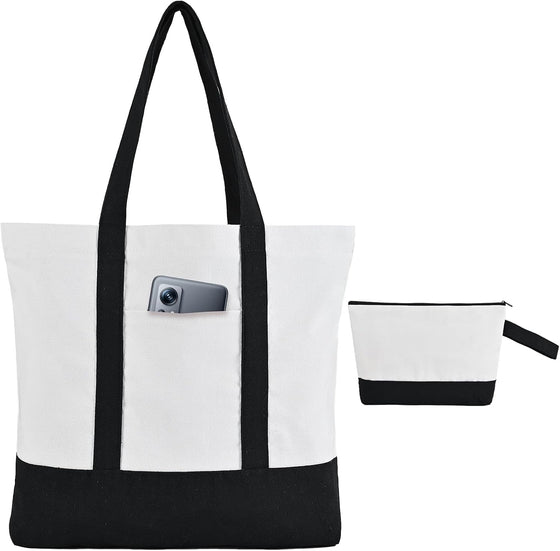 16 Pcs Canvas Tote Bags Bulk and Makeup Pouches Set, 12oz Cotton Reusable Zippered Grocery Bags with Handles, DIY Sublimation, Christmas Craft, Beach & Travel with External Pocket (Women & Men)