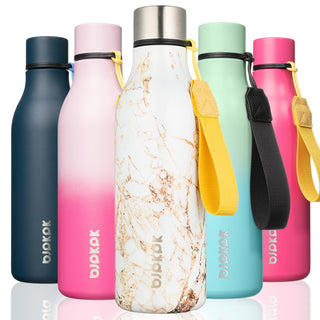 BJPKPK Insulated Water Bottles, 18 oz Stainless Steel Metal Water Bottle with Strap, BPA Free Leak Proof Jugs, Mugs, Flasks, Reusable Thermal Flasks for Sports & Travel, Orange