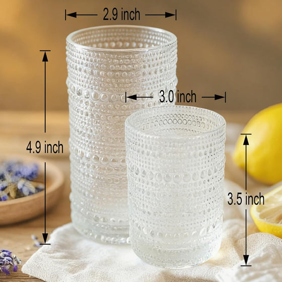 Hobnail Drinking Glasses Set of 8，Includes 12-ounce beer glasses and 10-ounce cocktail glasses.Kitchen Water Glass Cup,Bar Tumbler Glassware Set for Whiskey, Beer, Cocktail, Juice, Milk - hover image