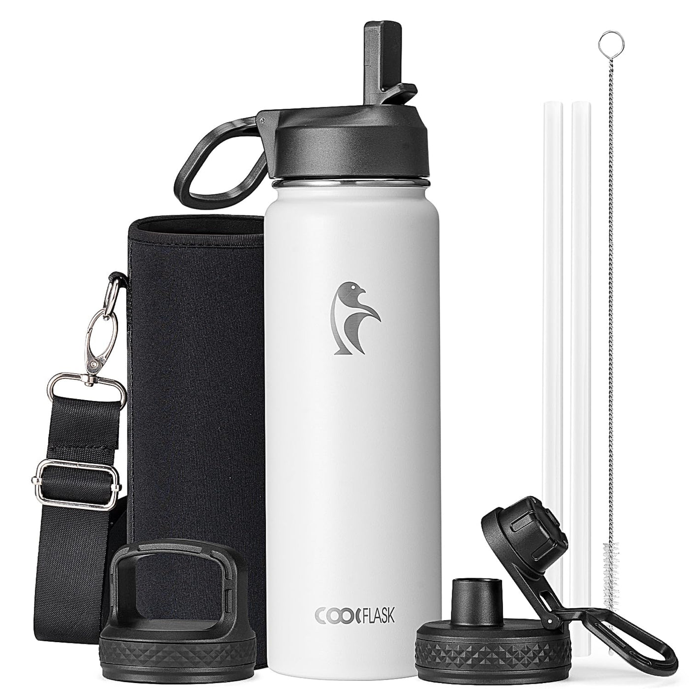 Water Bottle 40 oz Insulated with Straw&Brush, Coolflask Vaccum Stainless Steel Metal 3 Lids Water Flask for Sports, Gym or Office, Keep Cold 48H Hot 24H, Magic Black