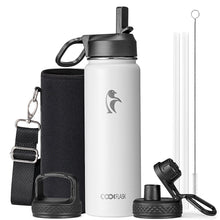 Water Bottle 40 oz Insulated with Straw&Brush, Coolflask Vaccum Stainless Steel Metal 3 Lids Water Flask for Sports, Gym or Office, Keep Cold 48H Hot 24H, Magic Black