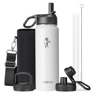Water Bottle 40 oz Insulated with Straw&Brush, Coolflask Vaccum Stainless Steel Metal 3 Lids Water Flask for Sports, Gym or Office, Keep Cold 48H Hot 24H, Magic Black