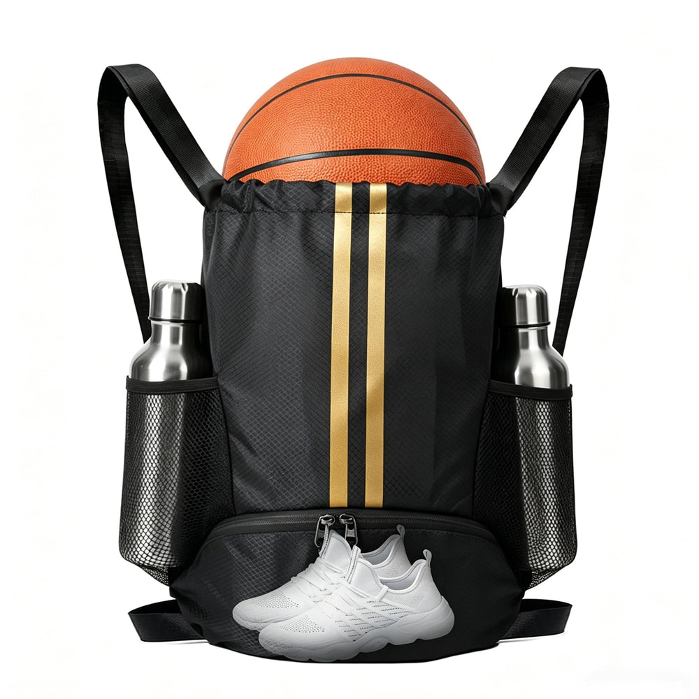 Sports Drawstring Backpack with Shoes Compartment, String Gym Bag with Wet Proof Pocket for Basketball, Soccer, Swim, Black Sport Bag for Men and Women