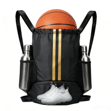 Sports Drawstring Backpack with Shoes Compartment, String Gym Bag with Wet Proof Pocket for Basketball, Soccer, Swim, Black Sport Bag for Men and Women
