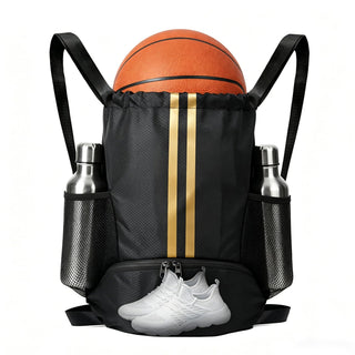 Sports Drawstring Backpack with Shoes Compartment, String Gym Bag with Wet Proof Pocket for Basketball, Soccer, Swim, Black Sport Bag for Men and Women