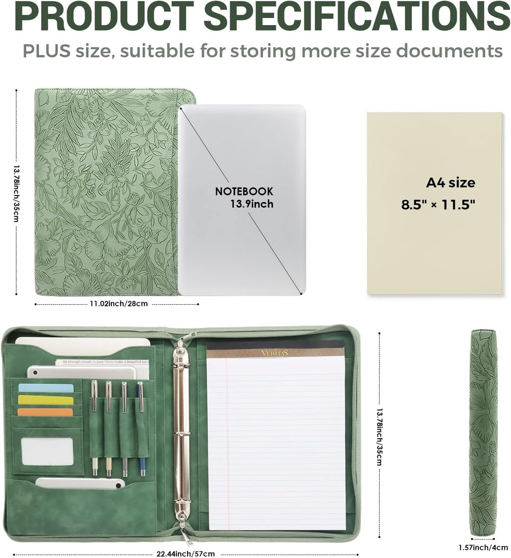 Embossed Faux Leather Zippered Padfolio with 3 Ring Binder, Executive Portfolio Organizer Binder for Women, Fits 13.9" Laptop/Tablet, Refillable Writing Pad Pocket, Green