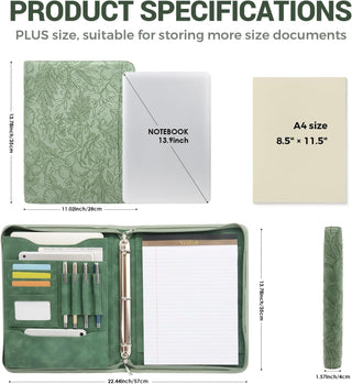 Embossed Faux Leather Zippered Padfolio with 3 Ring Binder, Executive Portfolio Organizer Binder for Women, Fits 13.9" Laptop/Tablet, Refillable Writing Pad Pocket, Green