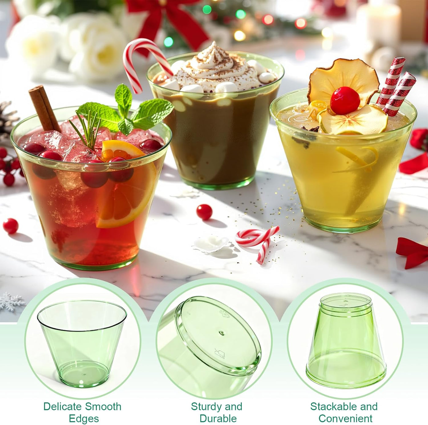 9 oz Clear Plastic Cups Green Plastic Disposable Cups for Cocktail 50 Pack Fancy Cocktail Cup for Party Stemless Wine Glasses for Wedding Graduation Birthday World Cup
