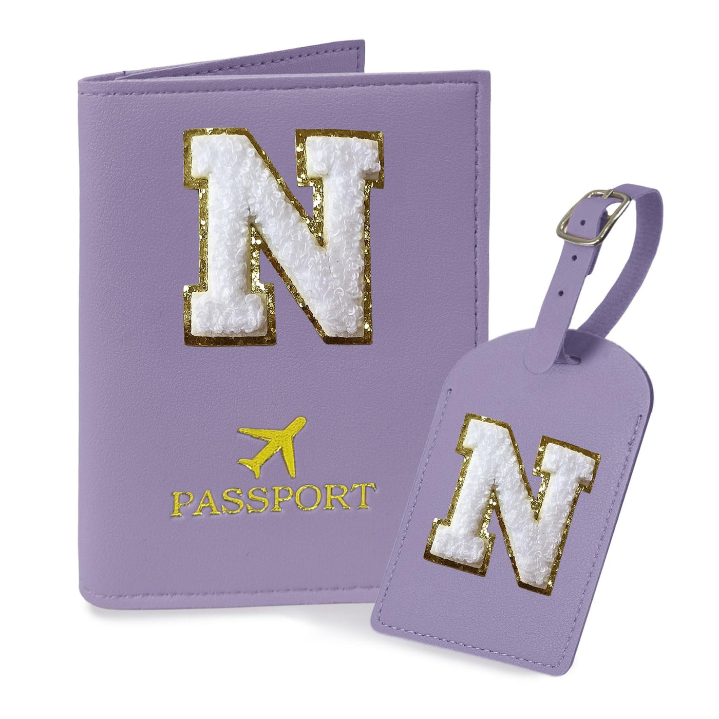 COSHAYSOO Purple Passport Cover Holder and Initial Luggage Tag Set TSA Approved with Personalized Monogram Chenille Letter Patch for Women Teen Girls, Cute Travel Bag Suitcase Identifier (A)