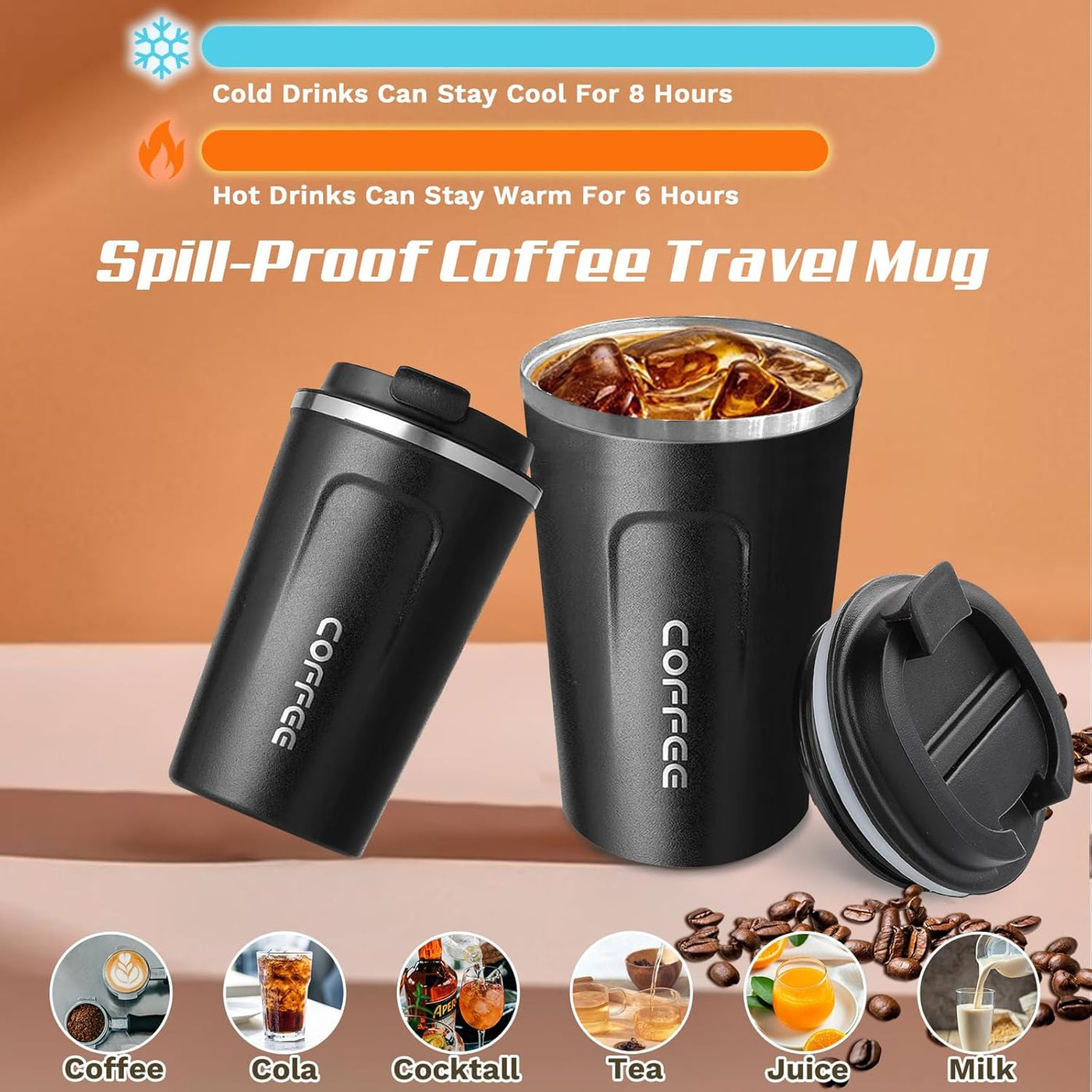 SPLMIFA Travel coffee mugs leak-proof, reusable coffee cups with lids, stainless steel vacuum insulated coffee tumblers, thermal insulation cups for men & women keep drinks hot & cold(2nd-Black, 12OZ)