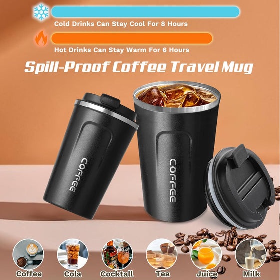 SPLMIFA Travel coffee mugs leak-proof, reusable coffee cups with lids, stainless steel vacuum insulated coffee tumblers, thermal insulation cups for men & women keep drinks hot & cold(2nd-Black, 12OZ) - hover image
