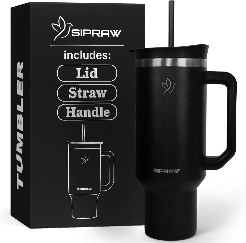 40oz Tumbler with Handle and Straw Insulated Stainless Steel Travel Mug Vacuum Double Wall Coffee Cup Leak Resistant Lid BPA-Free Cup Holder Friendly for Hot & Cold Drinks, Black