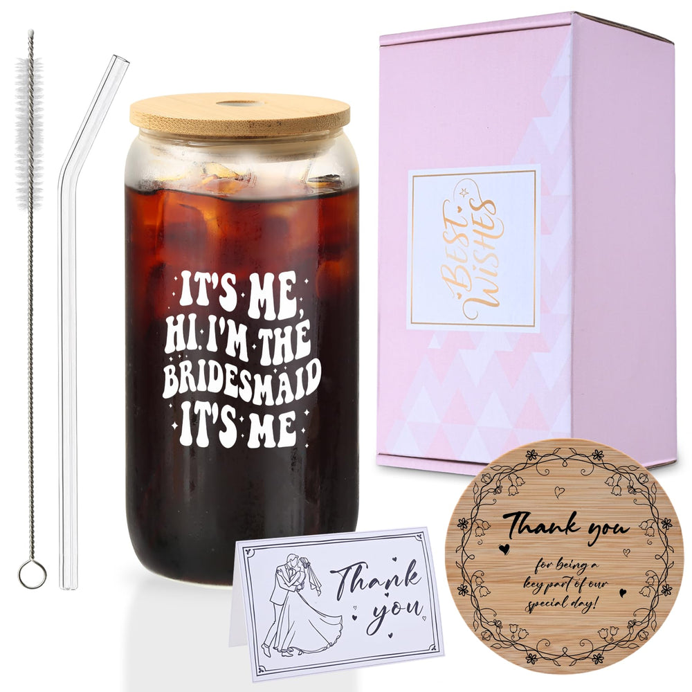 Mr. & Mrs. Glass Tumbler Set, 16oz Glass Cups with Bamboo Lids, Straws & Coasters, Bridal Shower & Wedding Thank You Gift for Couples