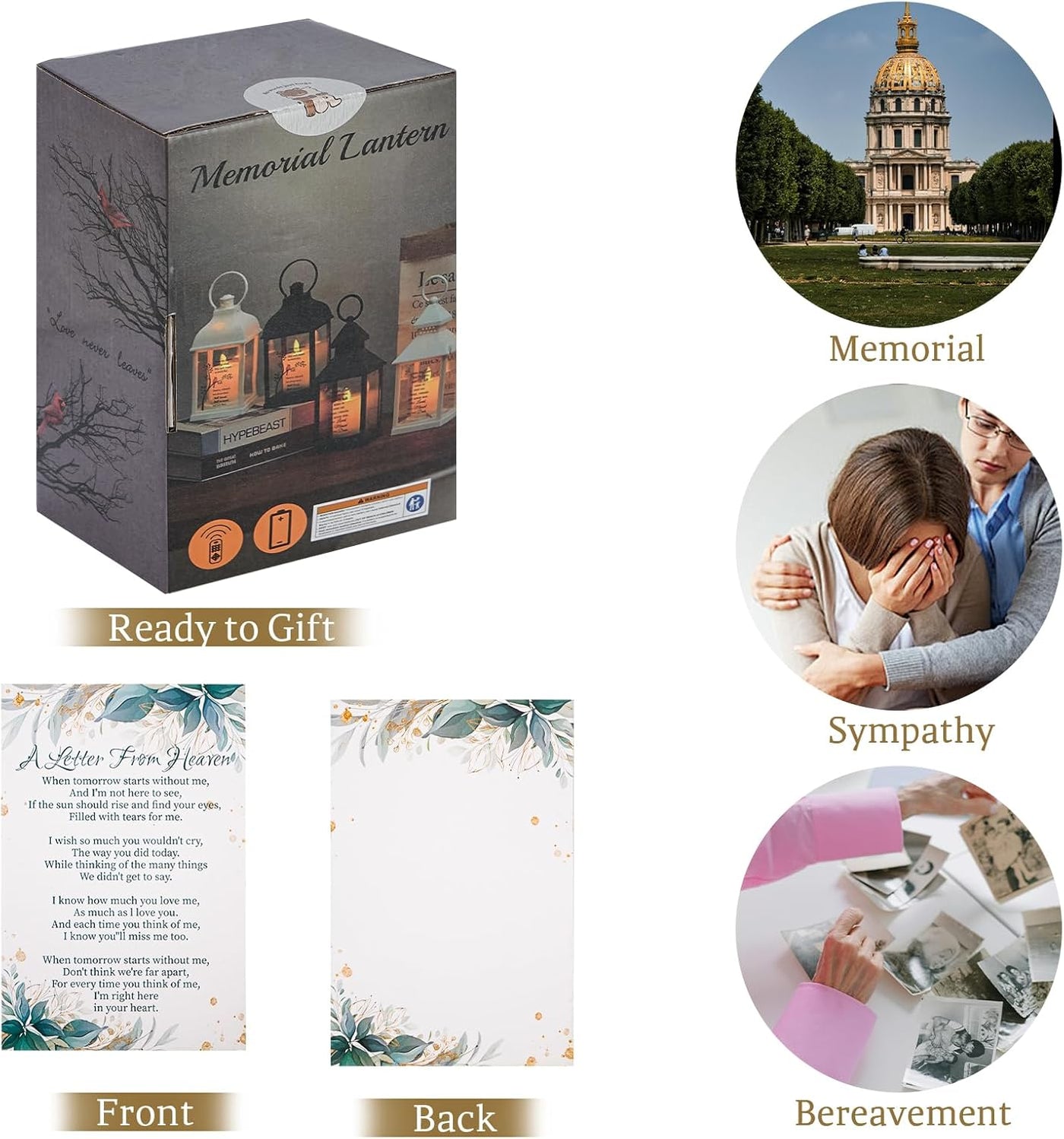 Sympathy Gifts for Loss of Loved One, Memorial Gift Lantern with Card, Bereavement Gift Candle Lights, Memory Lamp with Remote for Funeral Remembrance or Condolences (White)