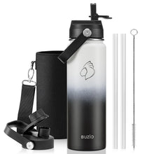 BUZIO 40oz Insulated Water Bottle, Triple Wall Vacuum Stainless Steel Water Flask with 2 lids, Lead-Free BPA-Free Straw Lid Sports Canteen Jug, Cold 48H & Hot 24H- Black