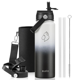 BUZIO 40oz Insulated Water Bottle, Triple Wall Vacuum Stainless Steel Water Flask with 2 lids, Lead-Free BPA-Free Straw Lid Sports Canteen Jug, Cold 48H & Hot 24H- Black
