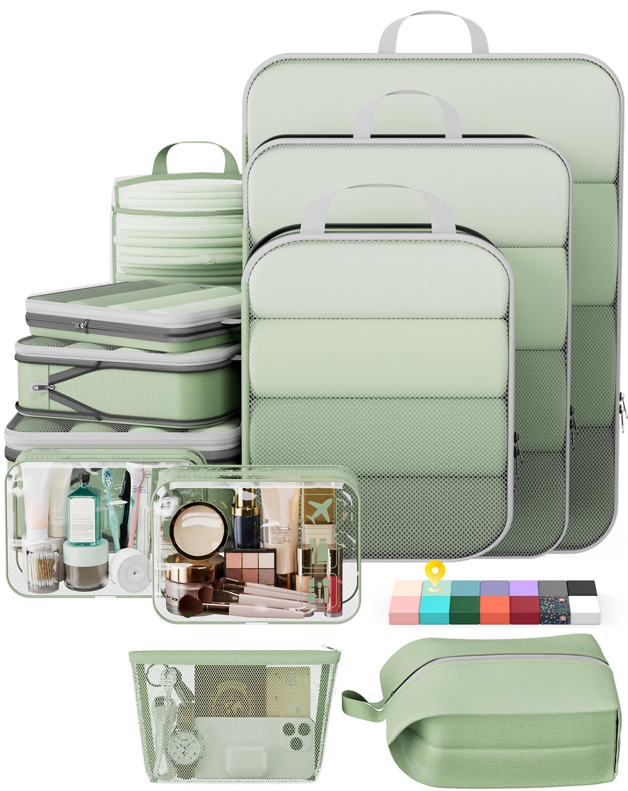 Veken 11-Pack Compression Packing Cubes for Travel Essentials,Compressible Expandable Large Luggage Suitcase Organizer Bags for Clothing,Durable Space Saver Bags with Toiletry Bags(Dark Green)