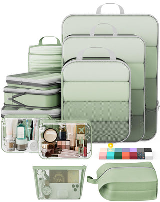 Veken 11-Pack Compression Packing Cubes for Travel Essentials,Compressible Expandable Large Luggage Suitcase Organizer Bags for Clothing,Durable Space Saver Bags with Toiletry Bags(Dark Green)