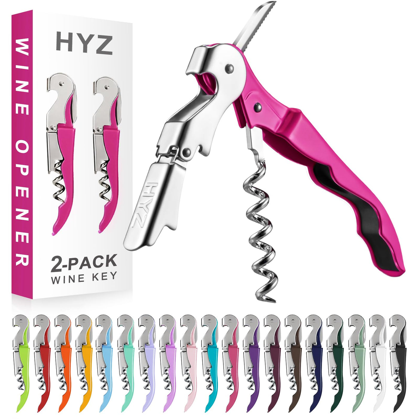 HYZ 2-Pack Wine Opener Waiter Corkscrew, Professional Wine Key for Servers, Bartender with Foil Cutter, Manual Wine Bottle Opener Double Hinged (Pink)