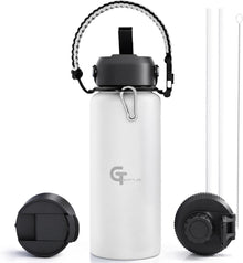 32oz Insulated Stainless Steel Water Bottle with 3 Lids & Paracord Handle – Leakproof Wide Mouth Metal Sports Bottle for Gym, School & Travel (White, 32oz)