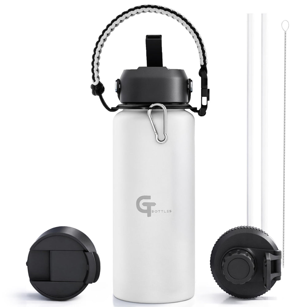 32oz Insulated Stainless Steel Water Bottle with 3 Lids & Paracord Handle – Leakproof Wide Mouth Metal Sports Bottle for Gym, School & Travel (White, 32oz)