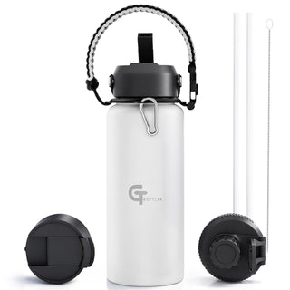 32oz Insulated Stainless Steel Water Bottle with 3 Lids & Paracord Handle – Leakproof Wide Mouth Metal Sports Bottle for Gym, School & Travel (White, 32oz)