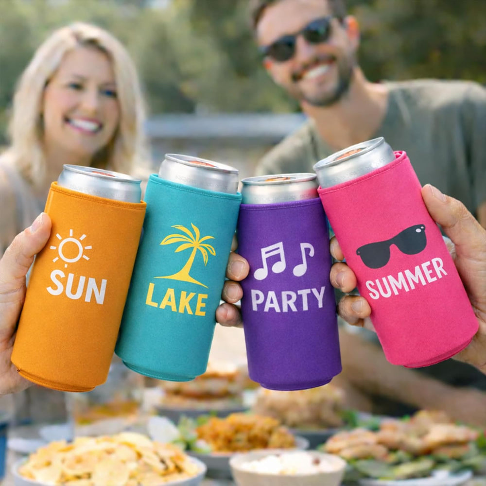 Slim Can Cooler Sleeves 12 Pack– Blank Foldable Neoprene 12oz Can Insulators – Skinny Beverage Coolers for Beer & Soda – Sublimation-Ready (Assorted)