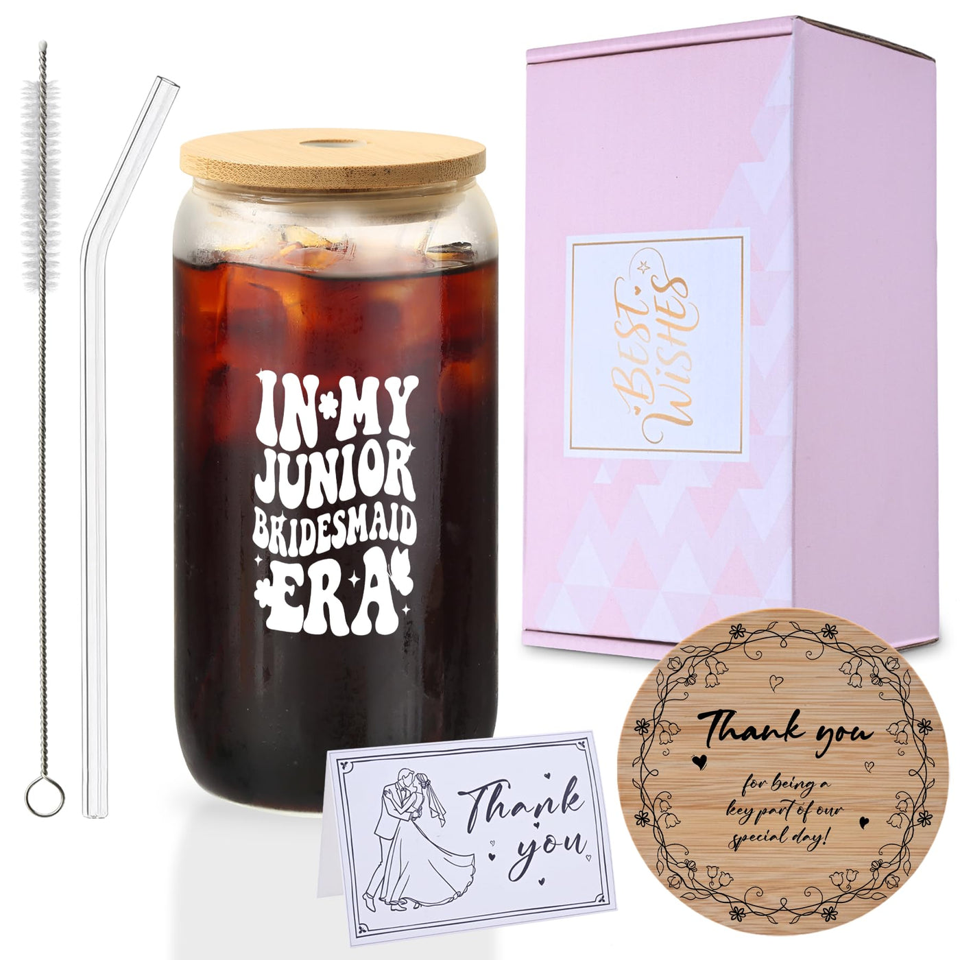 Mr. & Mrs. Glass Tumbler Set, 16oz Glass Cups with Bamboo Lids, Straws & Coasters, Bridal Shower & Wedding Thank You Gift for Couples