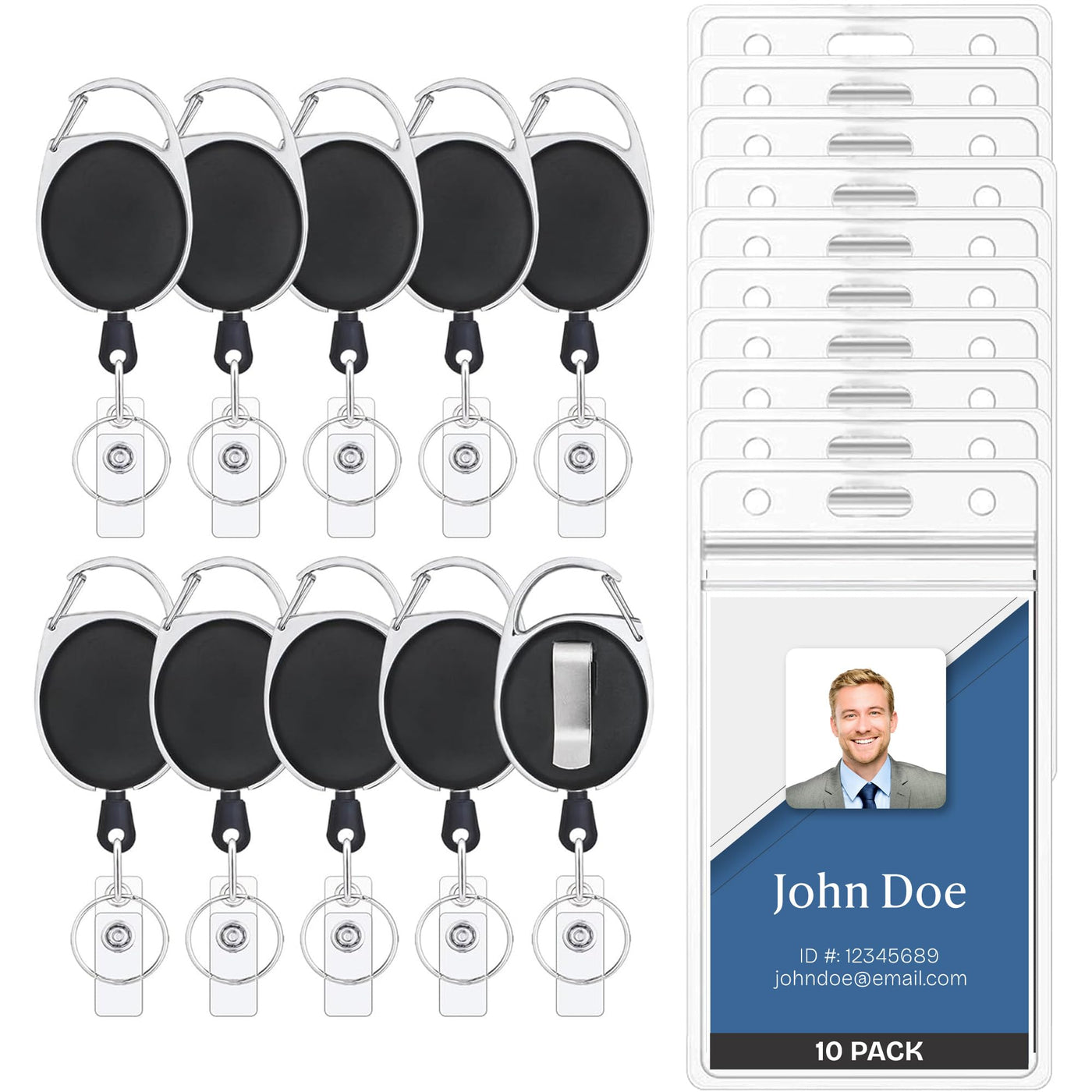 Will Well ID Badge Holders with Clip and Keyring - Vertical Clear Plastic 2.52" x 3.58" Sleeves Fit Up to 3 Cards - Retractable 24" UHMWPE Fiber Pull Cords for Easy Access - 2-Pack, Black Reels